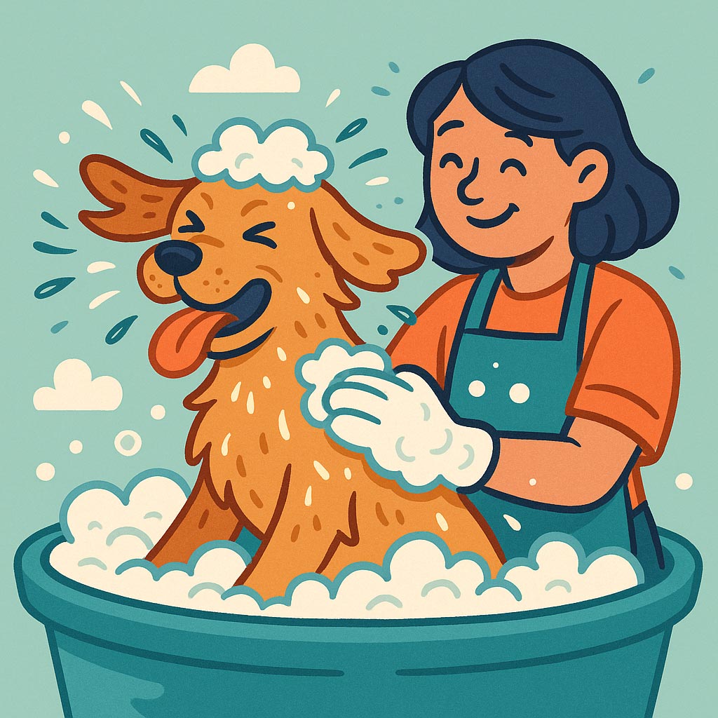 Dog getting a bath from professional groomer